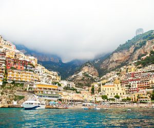 Positano, Amalfi Coast, Campania, Italy. Beautiful View of Positano along Amalfi Coast in Italy in summer. Morning view cityscape on coast line of mediterranean sea.